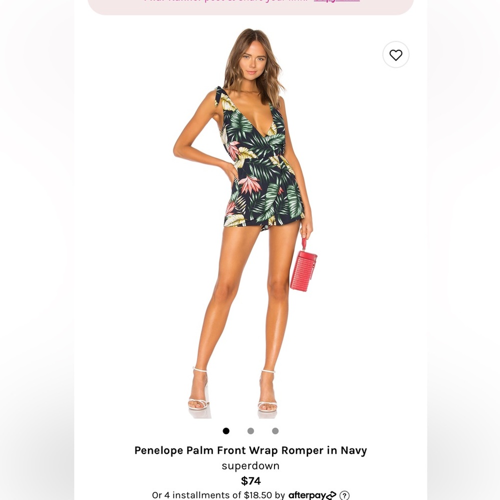 Revolve super down Penelope Palm Front Wrap Romper